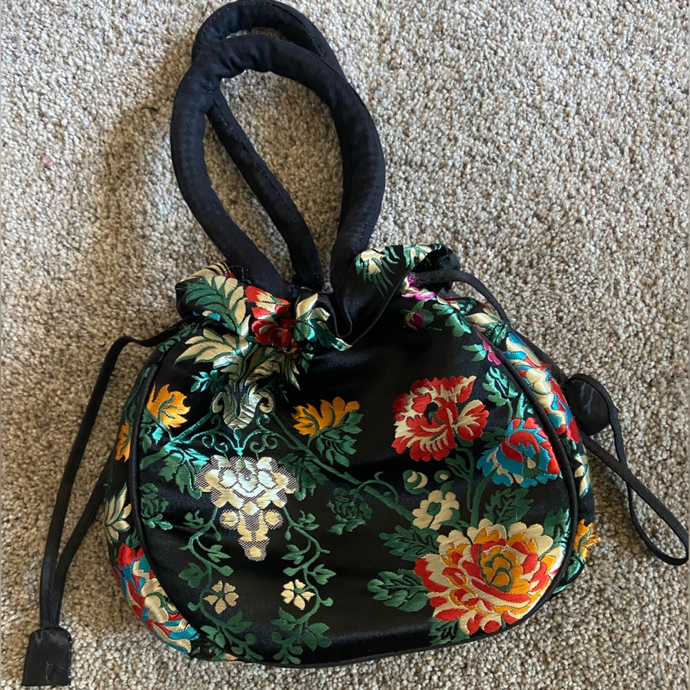 Vibrant Colorful Embroidered Chinese Floral Black Drawstring Polti Bag